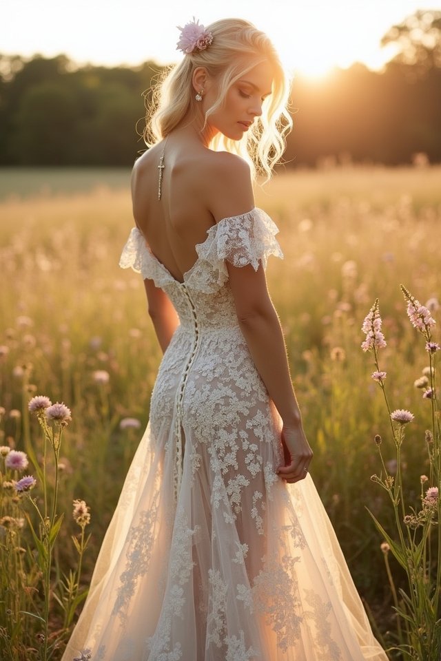 radiant off shoulder lace gown