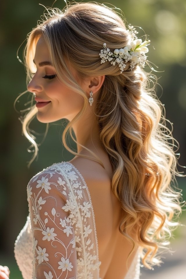 romantic bridal half up curls