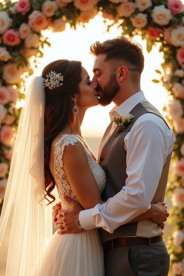 romantic floral arch kiss