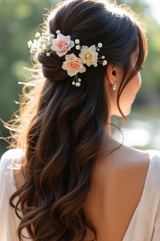 romantic floral half up hairstyle