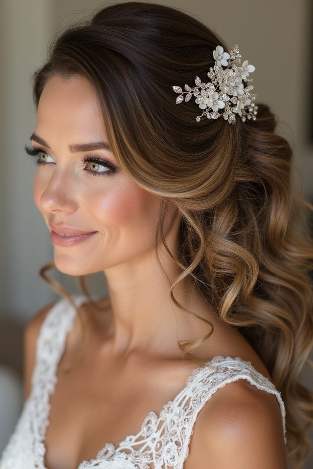 romantic side swept bridal curls