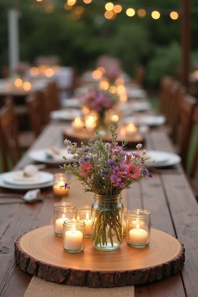 rustic wood slab centerpieces