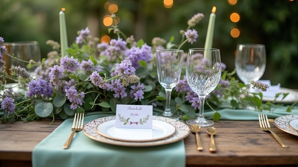 sage green and purple accents