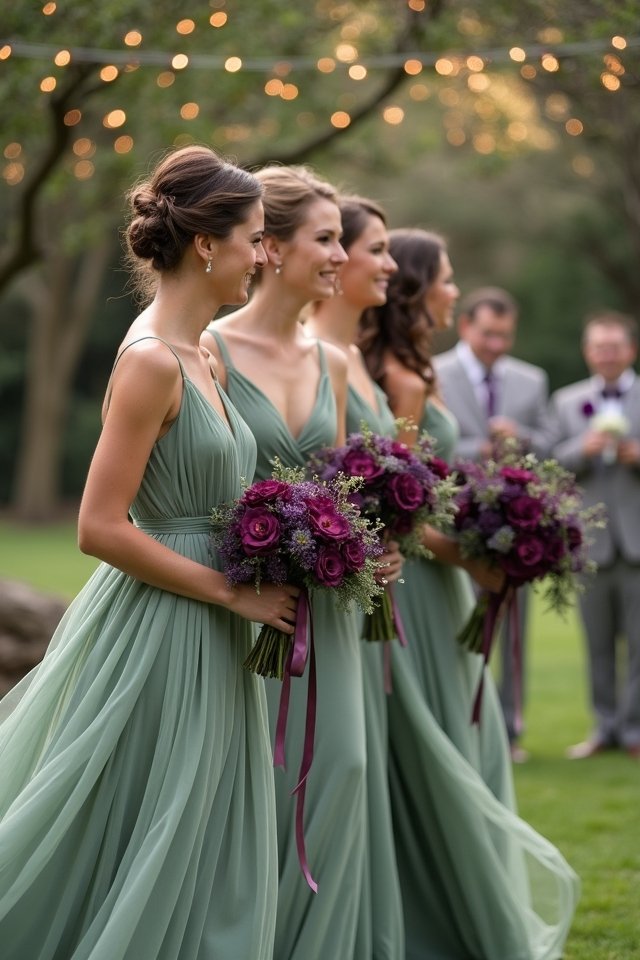 sage green dresses purple bouquets