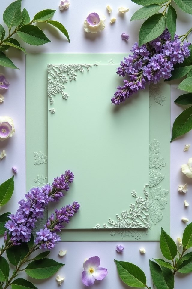 sage green purple floral invitations