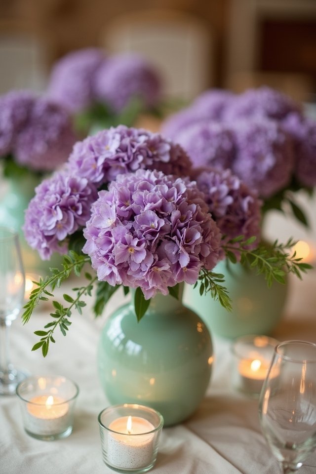 sage green vases purple blooms
