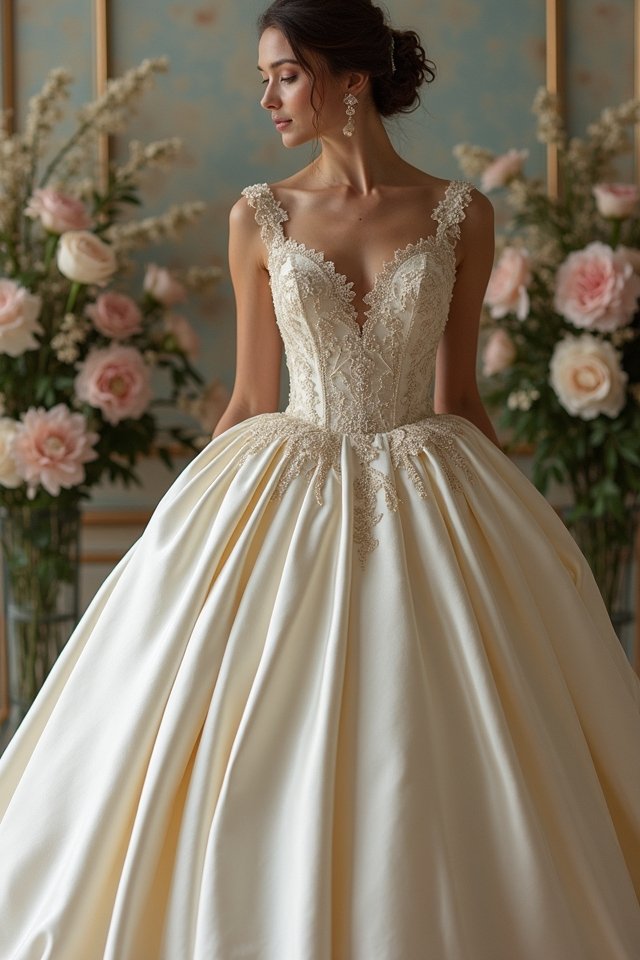 satin gown with vintage embellishments