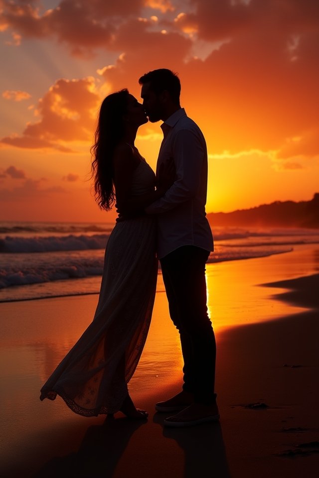silhouette kiss at sunset