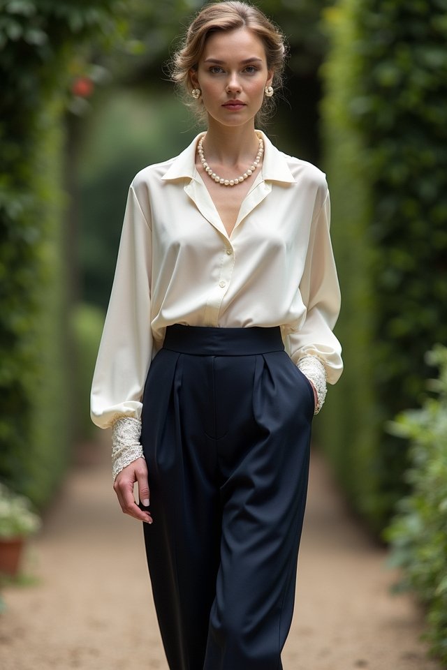 silk blouse high waisted trousers