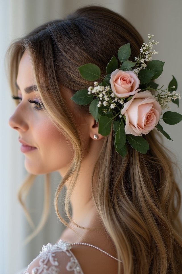 sleek ponytail with flowers