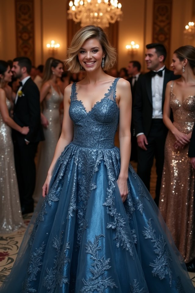 stunning metallic blue gown
