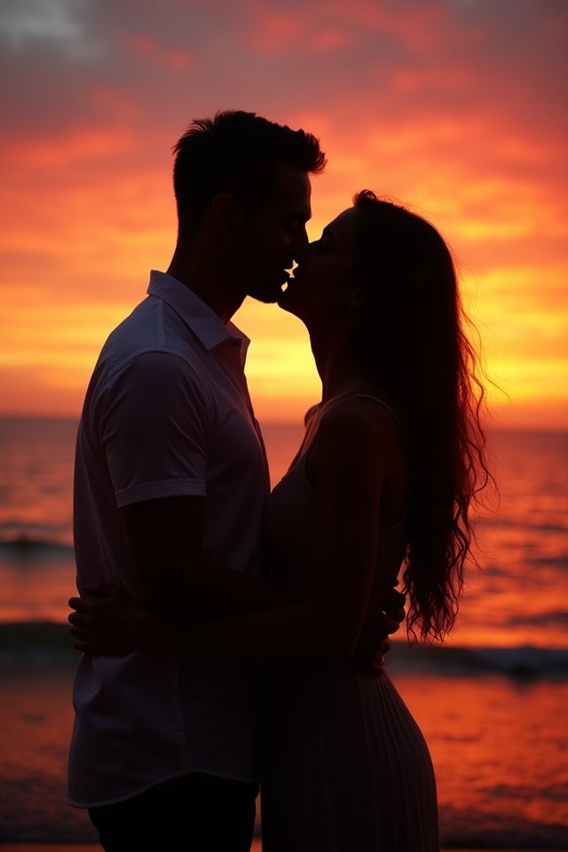sunset silhouette romantic kiss