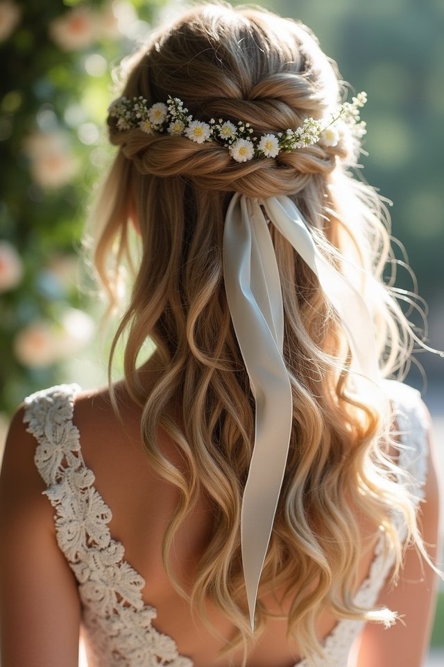 textured half up hairstyle with ribbons
