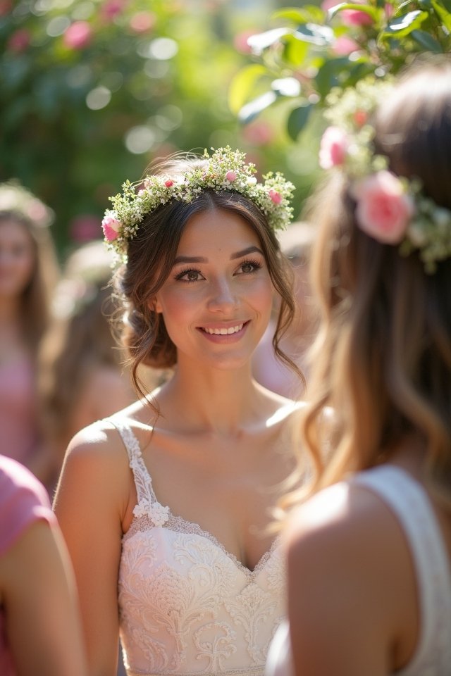 tucked style with flower crowns
