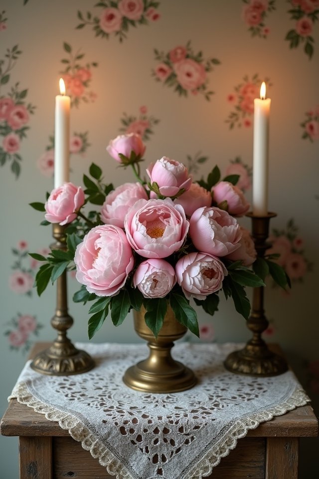 vintage altar with peonies