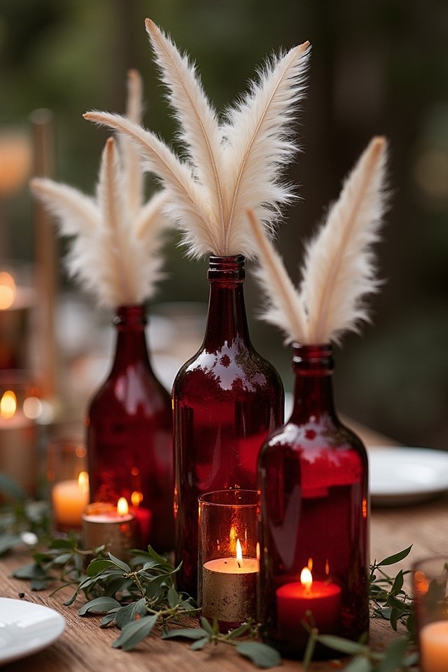 vintage bottles with feathers