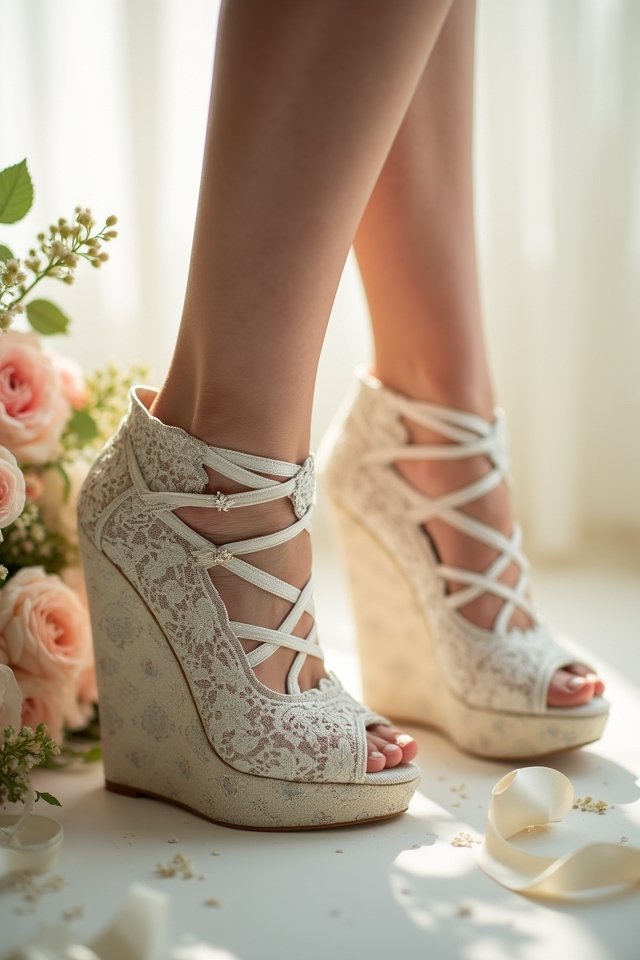 vintage lace up wedding wedges