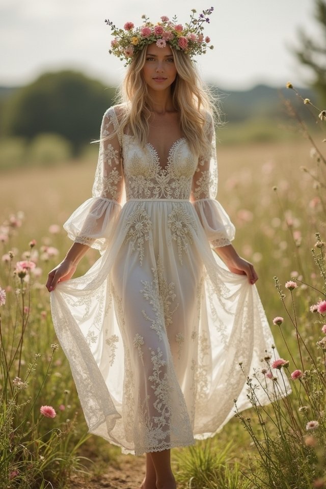 whimsical bohemian tea length dress
