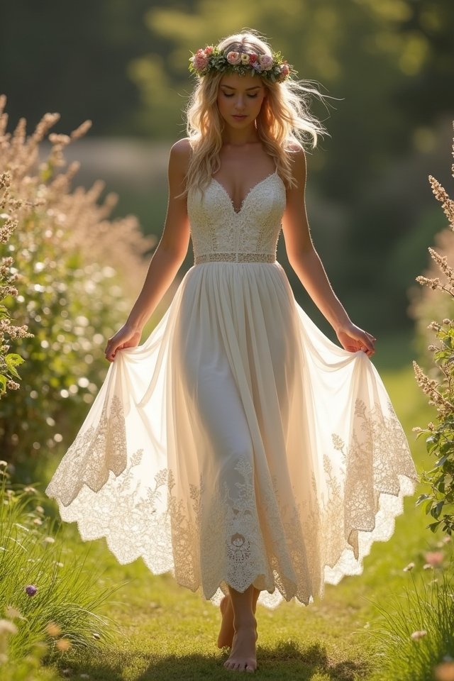 whimsical crochet tea length dress