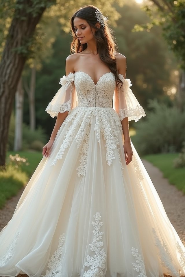 whimsical off shoulder bridal gown