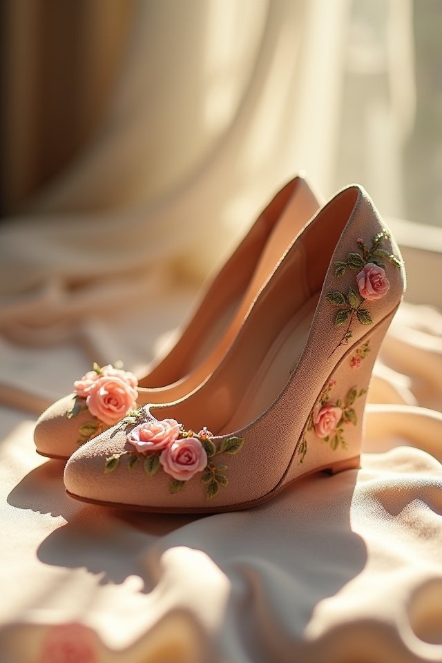 whimsical rose accented wedge heels
